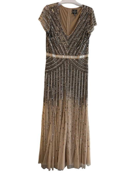 Adrianna Papell Size 14 Tan V Neck Short Sleeve Back Zip Lined Beaded Gown Tan / 14