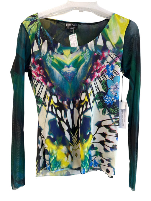 Petite Pois Size Large Green & Multi Nylon Scoop Neck Long Sleeve Lined Top Green & Multi / Large