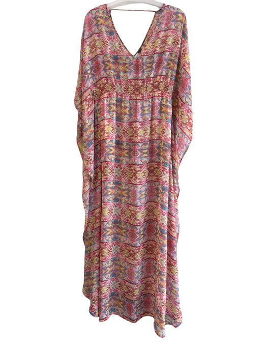 Neiman Marcus Red & Multi Polyester All Over Print V Neck & Back Long Loungewear Red & Multi