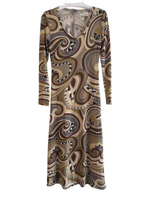 Zara Size Medium Tan, Brown & Yellow Polyester Geometric Scoop Neck Maxi Dress Tan, Brown & Yellow / Medium