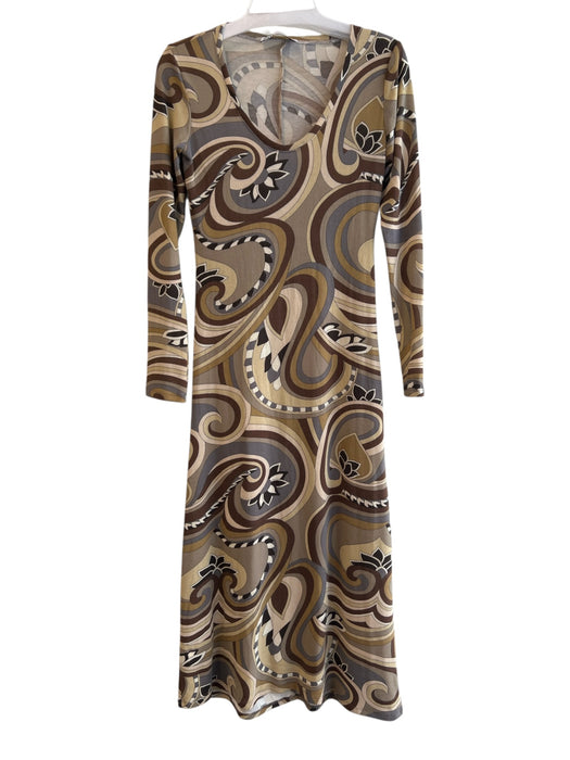 Zara Size Medium Tan, Brown & Yellow Polyester Geometric Scoop Neck Maxi Dress Tan, Brown & Yellow / Medium