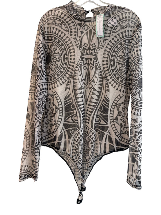 K + Glam Size 3X Brown & Tan Mesh Long Sleeve Geometric Print Bodysuit Brown & Tan / 3X
