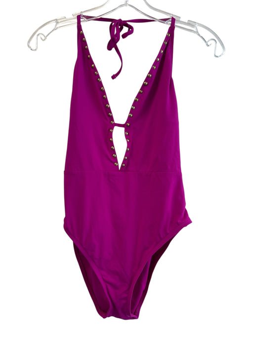 Adore Size 10 Magenta Nylon Deep V Neck Grommets High Cut Tie in Back Swimsuit Magenta / 10
