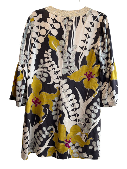 Trina Turk Size Est L Black & Yellow 100% Silk Long Sleeve Floral Dress Black & Yellow / Est L
