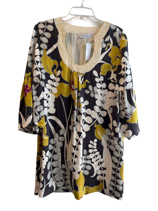 Trina Turk Size Est L Black & Yellow 100% Silk Long Sleeve Floral Dress Black & Yellow / Est L
