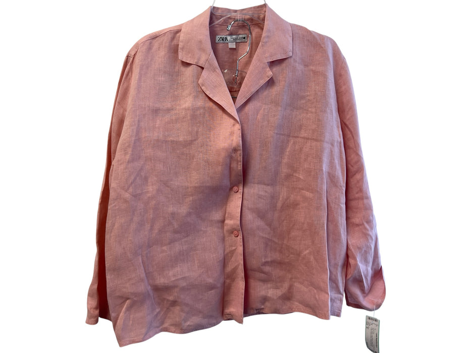 Zara Size M Pink Linen Long Sleeve solid color Collar Button Down Short Set Pink / M