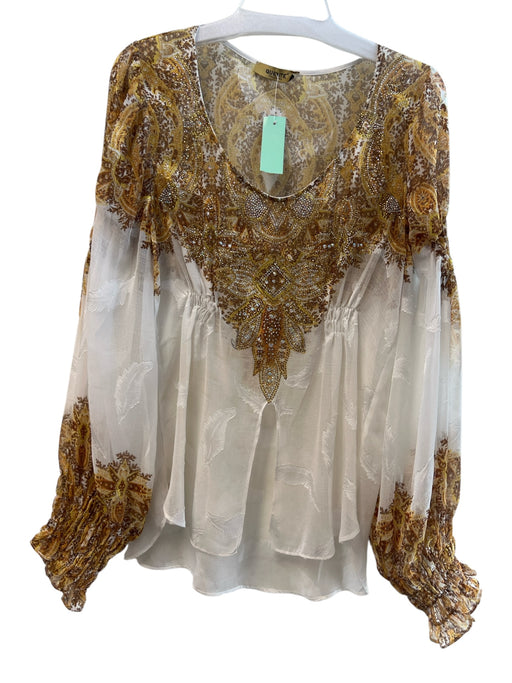 Quente Size Est L White & Brown No Fabric Tag Long Sleeve Abstract Detail Top White & Brown / Est L