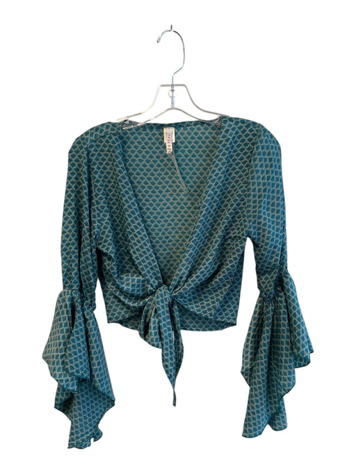 Raga Size Medium Teal Blue Polyester Deep V Neck All Over Print Crop Top Top Teal Blue / Medium