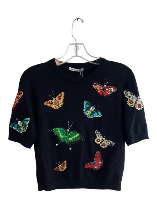 Alice & Olivia Size M Black & Multi Wool Short Sleeve Butterfly details Knit Top Black & Multi / M
