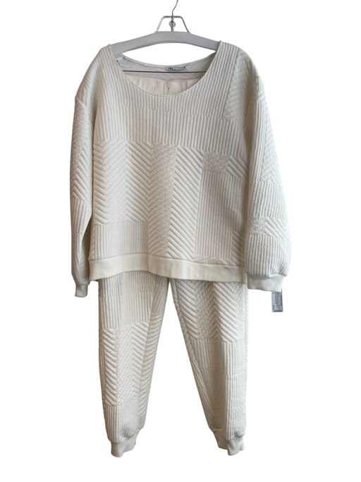 Zara Size M White No Fabric Tag Long Sleeve Quilted Scoop Neck Jogger Pants Set White / M