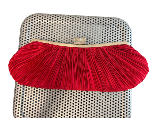 JNB Red Satin Silver Hardware Rhinestone Chain Strap Clutch Bag Red / Small