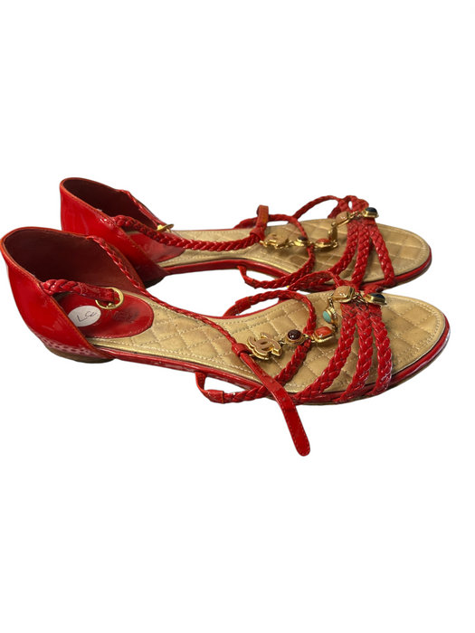 Chanel Shoe Size 37 Red Patent Leather Beaded Braided Buckle Closure Shoes Red / 37