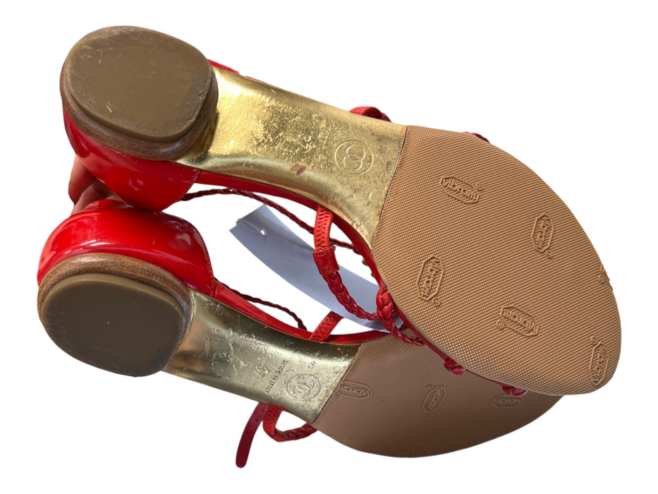 Chanel Shoe Size 37 Red Patent Leather Beaded Braided Buckle Closure Shoes Red / 37