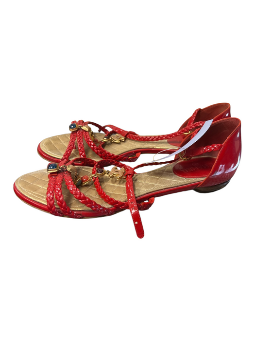 Chanel Shoe Size 37 Red Patent Leather Beaded Braided Buckle Closure Shoes Red / 37