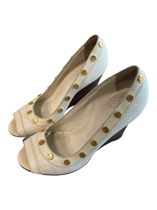 Tory Burch Shoe Size 6 White Manmade Material Logo Gold Hardware Open Toe Shoes White / 6