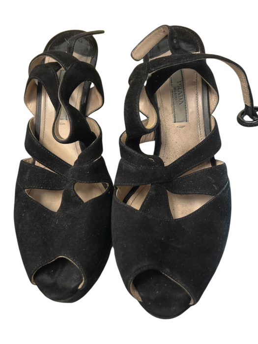 Prada Shoe Size 36 1/2 Black Suede Platform Ankle Strap Open Toe Pump Shoes Black / 36 1/2