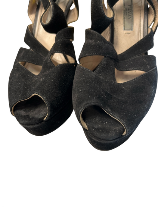 Prada Shoe Size 36 1/2 Black Suede Platform Ankle Strap Open Toe Pump Shoes Black / 36 1/2