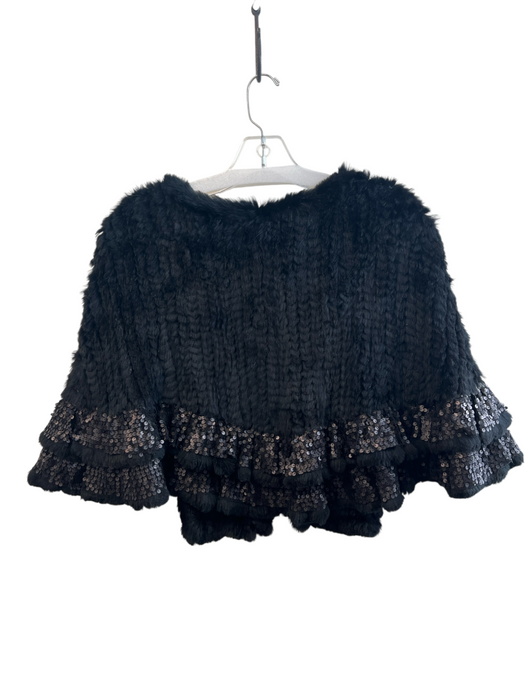Alberto Makali Black Rabbit Fur Sequin Detail Clasp short Caplet Cape Black / Large