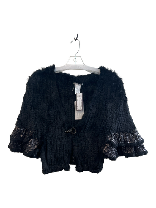 Alberto Makali Black Rabbit Fur Sequin Detail Clasp short Caplet Cape Black / Large