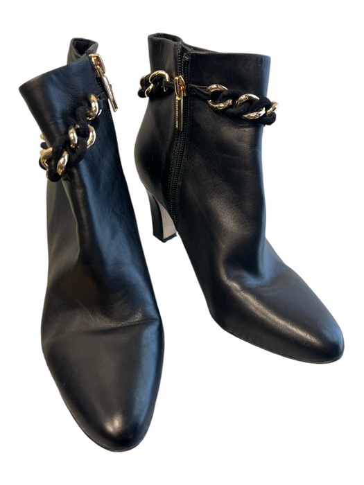 Karl Lagerfeld Shoe Size 6 Black Leather Pointed Toe Gold Chain Side Zip Booties Black / 6