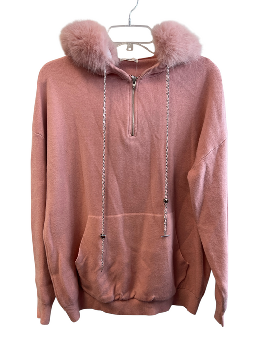 Moewy Size One Size Pink Polyester Detachable Fur Trim Half Zip Hoodie Pink / One Size