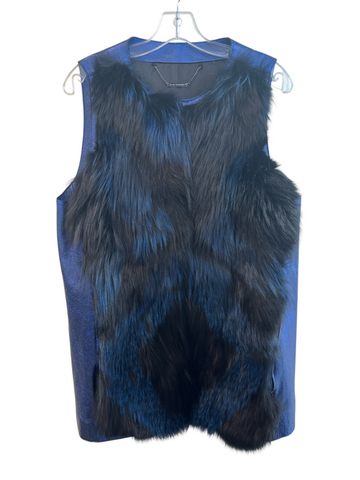 Elie Tahari Size One Size Blue & Black Metallic Fox Fur No Collar Mid Thigh Vest Blue & Black / One Size