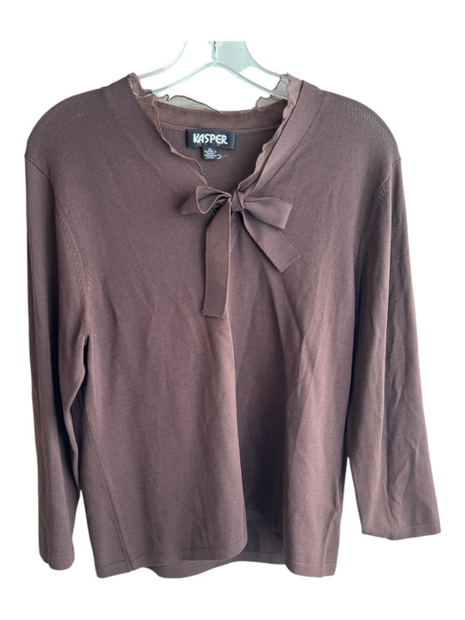 Kasper Size XL Brown Rayon Blend Ruffle V Neck Tie Detail Long Sleeve Solid Top Brown / XL