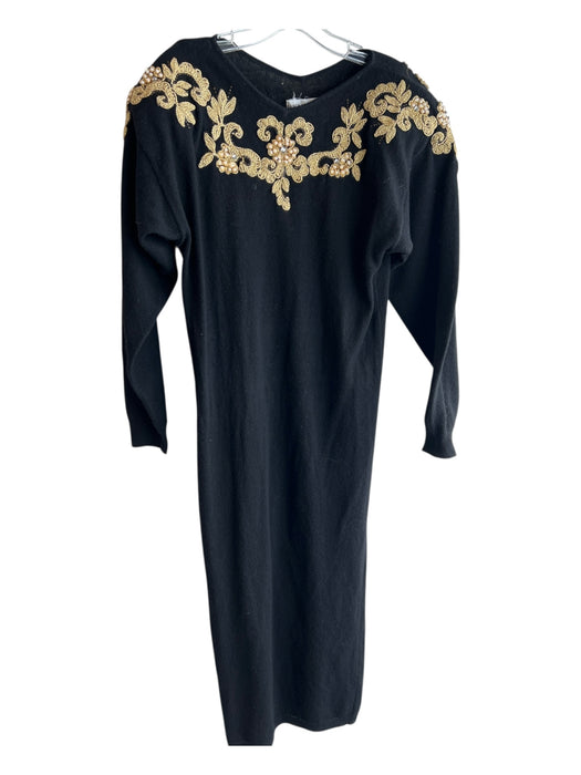Nancy Johnson Size M Black & Gold Lambswool V Neck Maxi Embroidered Dress Black & Gold / M