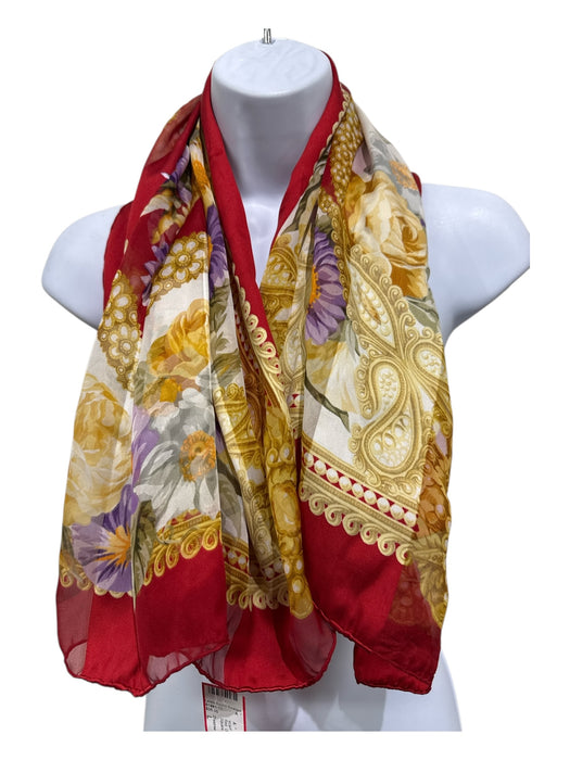 D'estree Red, Gold, Purple, White Silk Floral Square scarf Red, Gold, Purple, White / L