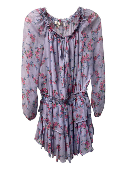 Loveshackfancy Size P Purple Blue Pink Silk Tie Neck Floral Elastic Waist Dress Purple Blue Pink / P