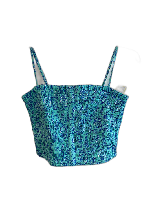 Roller Rabbit Size Small Teal & Blue Cotton Floral Front Buttons Cropped Top Teal & Blue / Small