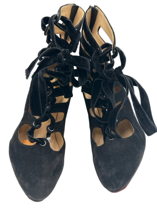 Christian Louboutin Shoe Size 37 Black Suede Velvet Ribbon Lace Up Cut Out Pumps
