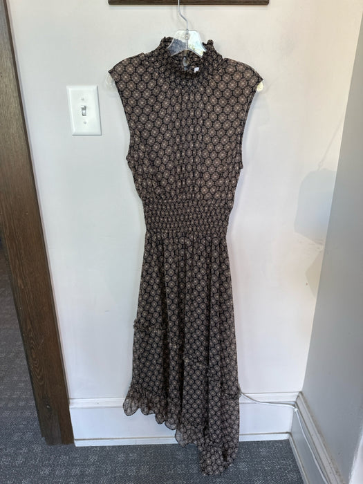 Misa Size M Black & Tan Polyester Mock Neck Metallic Thread Smocked Waist Dress