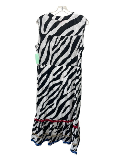 Vilagallo Size 44 Black, White, Multi Cotton split v Zebra ric rac Maxi Dress Black, White, Multi / 44
