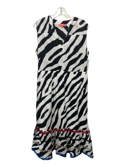 Vilagallo Size 44 Black, White, Multi Cotton split v Zebra ric rac Maxi Dress Black, White, Multi / 44