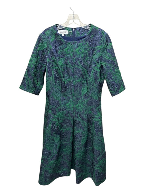 Teri Jon Size 14 Green & Navy Blue Print Polyester Blend Jacquard Pockets Dress Green & Navy Blue Print / 14