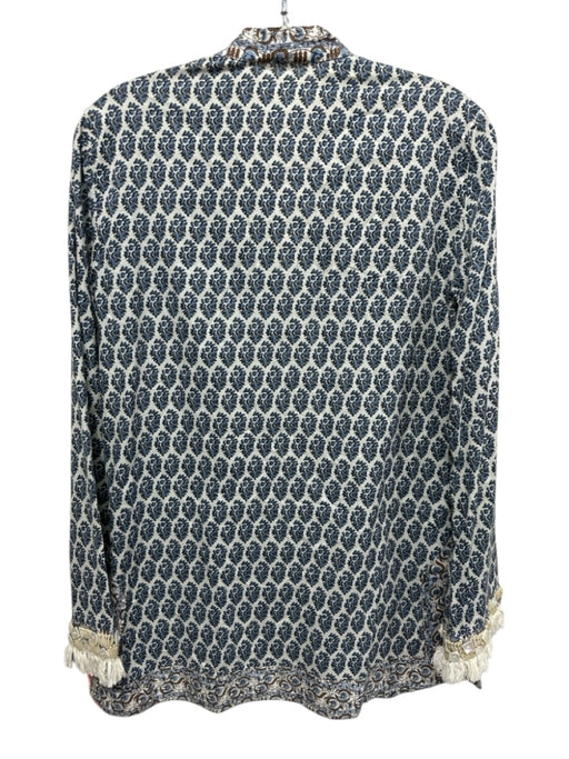 Tory Burch Size 4 Blue & White Cotton Zip Close V Neck Fringe Detail Top Blue & White / 4