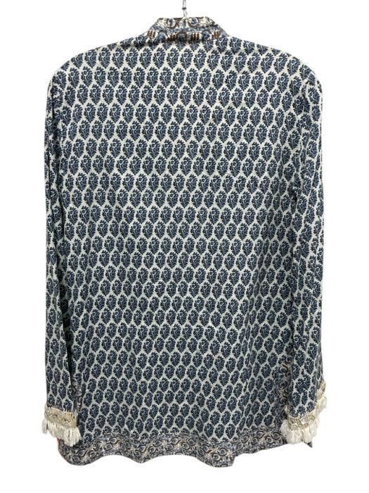 Tory Burch Size 4 Blue & White Cotton Zip Close V Neck Fringe Detail Top Blue & White / 4
