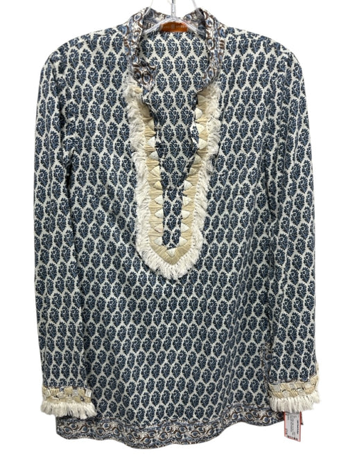 Tory Burch Size 4 Blue & White Cotton Zip Close V Neck Fringe Detail Top Blue & White / 4