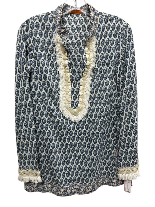 Tory Burch Size 4 Blue & White Cotton Zip Close V Neck Fringe Detail Top Blue & White / 4