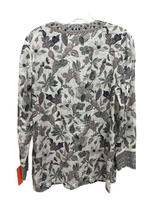Tory Burch Size 4 White & Green Cotton Botanical Print V Neck zip cuffs Top White & Green / 4