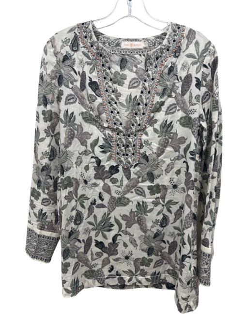 Tory Burch Size 4 White & Green Cotton Botanical Print V Neck zip cuffs Top White & Green / 4