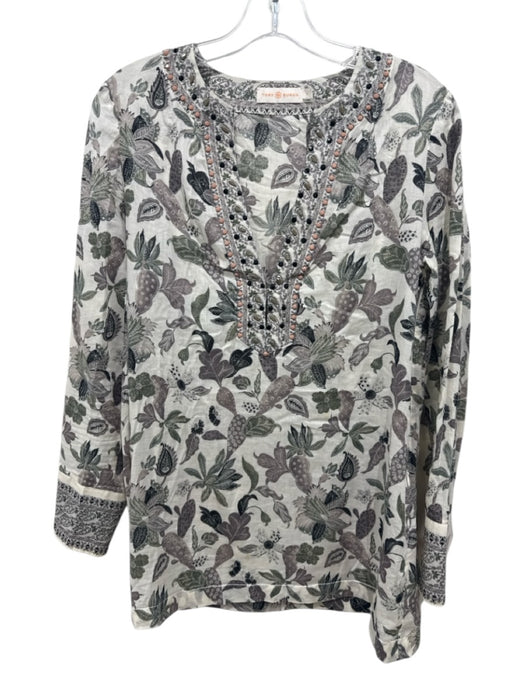 Tory Burch Size 4 White & Green Cotton Botanical Print V Neck zip cuffs Top White & Green / 4