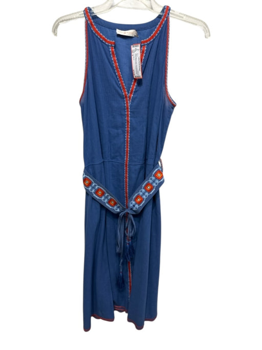 Tory Burch Size 4 Blue Cotton & Linen Sleeveless Tie belt V Neck Dress Blue / 4