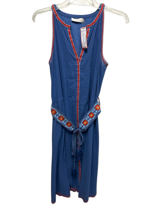 Tory Burch Size 4 Blue Cotton & Linen Sleeveless Tie belt V Neck Dress Blue / 4