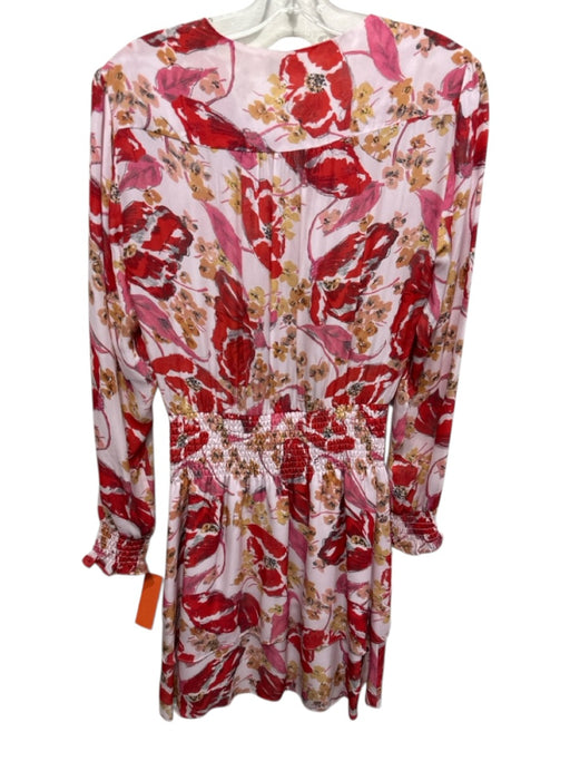 Parker Size S White & Red Silk & Polyester V Neck Floral Print Long Sleeve Dress White & Red / S