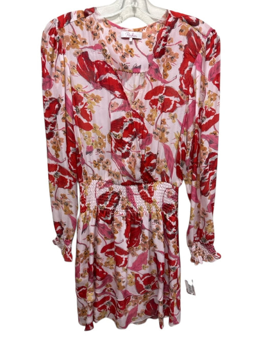 Parker Size S White & Red Silk & Polyester V Neck Floral Print Long Sleeve Dress White & Red / S