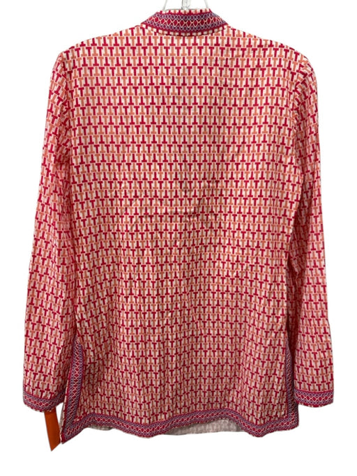 Tory Burch Size 4 Red & Orange Cotton V Neck Geo Print Long Sleeve Side Slit Top Red & Orange / 4