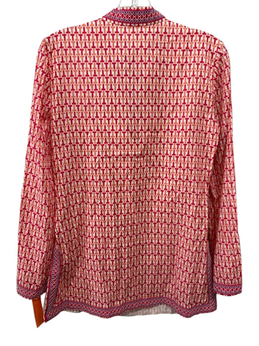 Tory Burch Size 4 Red & Orange Cotton V Neck Geo Print Long Sleeve Side Slit Top Red & Orange / 4