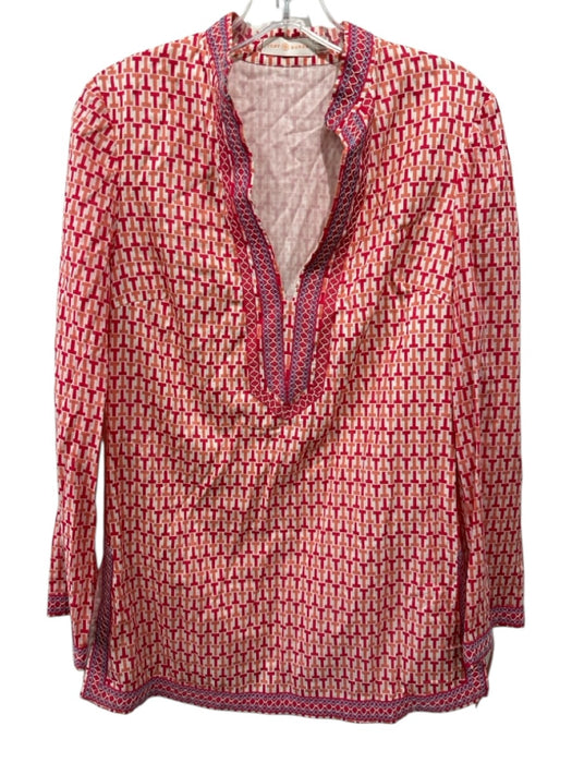 Tory Burch Size 4 Red & Orange Cotton V Neck Geo Print Long Sleeve Side Slit Top Red & Orange / 4